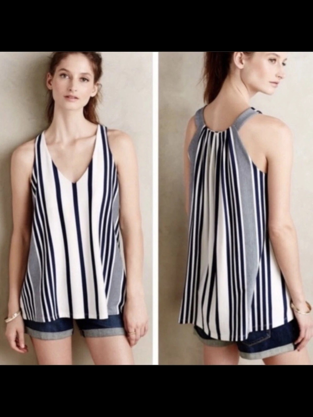 Puella From Anthropologie Striped V-Neck Racerback Tank Top - Navy and White